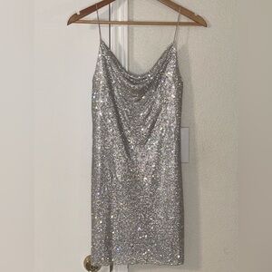 Alice + Olivia “Harmony” Silver Rhinestone Cowl Neck Mini / Slip Dress